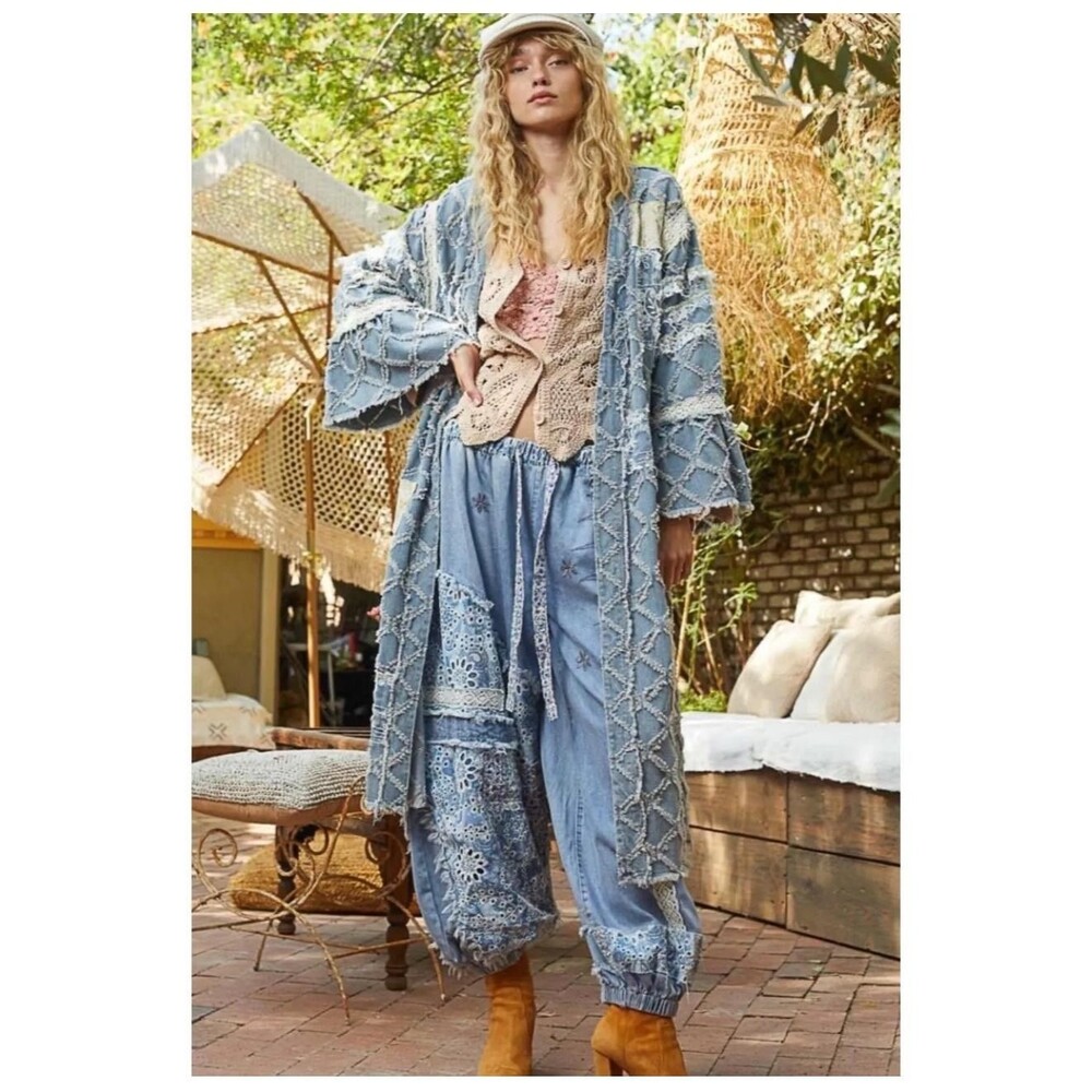 POL Premium Womens Small Blue Denim Long Duster Lace Patchwork Boho Oversized‎ - Picture 2 of 16